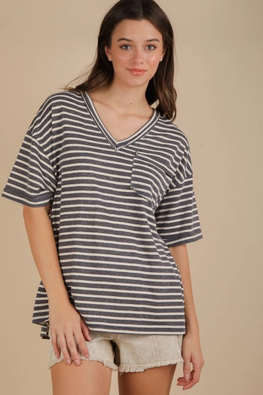 Willow Oversized Stripe Casual V-neck Knit Top Wrinkle Resistant Textile