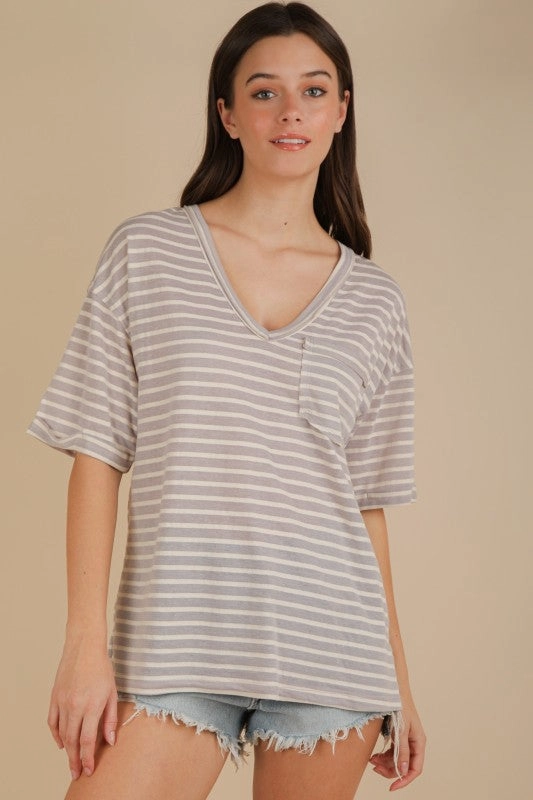 Willow Oversized Stripe Casual V-neck Knit Top Double Stitched Seams Grid Texture Fabric