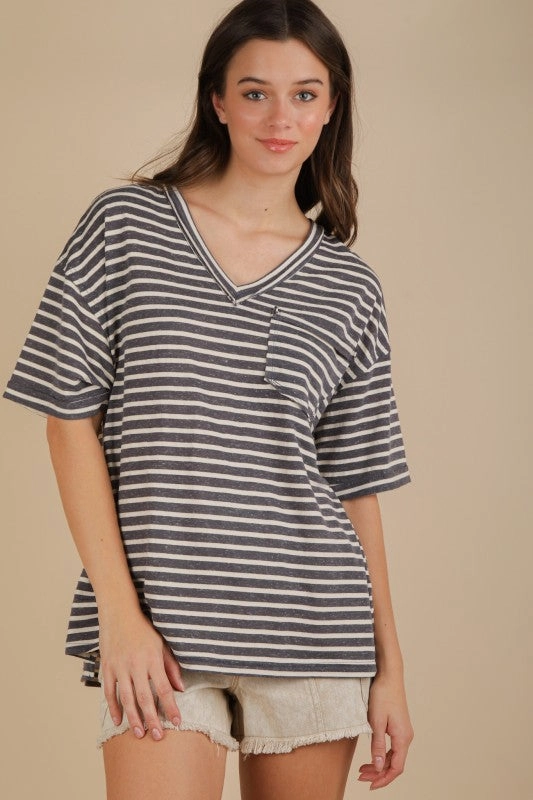 AntiSlipGrip Anti Odor Treatment Willow Oversized Stripe Casual V-neck Knit Top