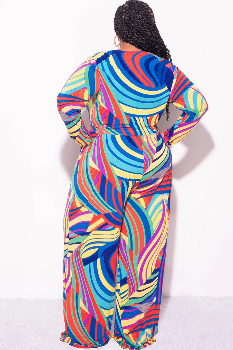 Perfect Shape Day Hike Final Sale Plus Size 2pc Crop Top and Palazzo Pants Set in Multi Color Print