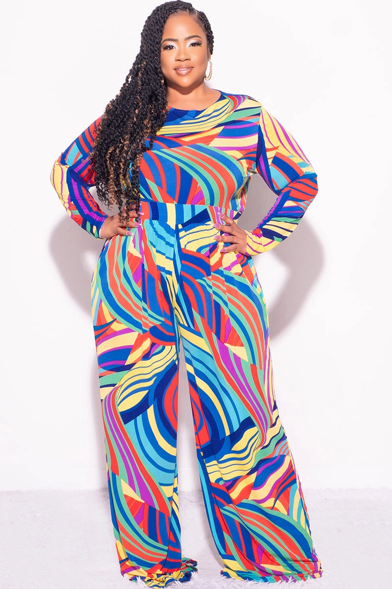 Chafe-Free Fit Stretchable Comfort Final Sale Plus Size 2pc Crop Top and Palazzo Pants Set in Multi Color Print