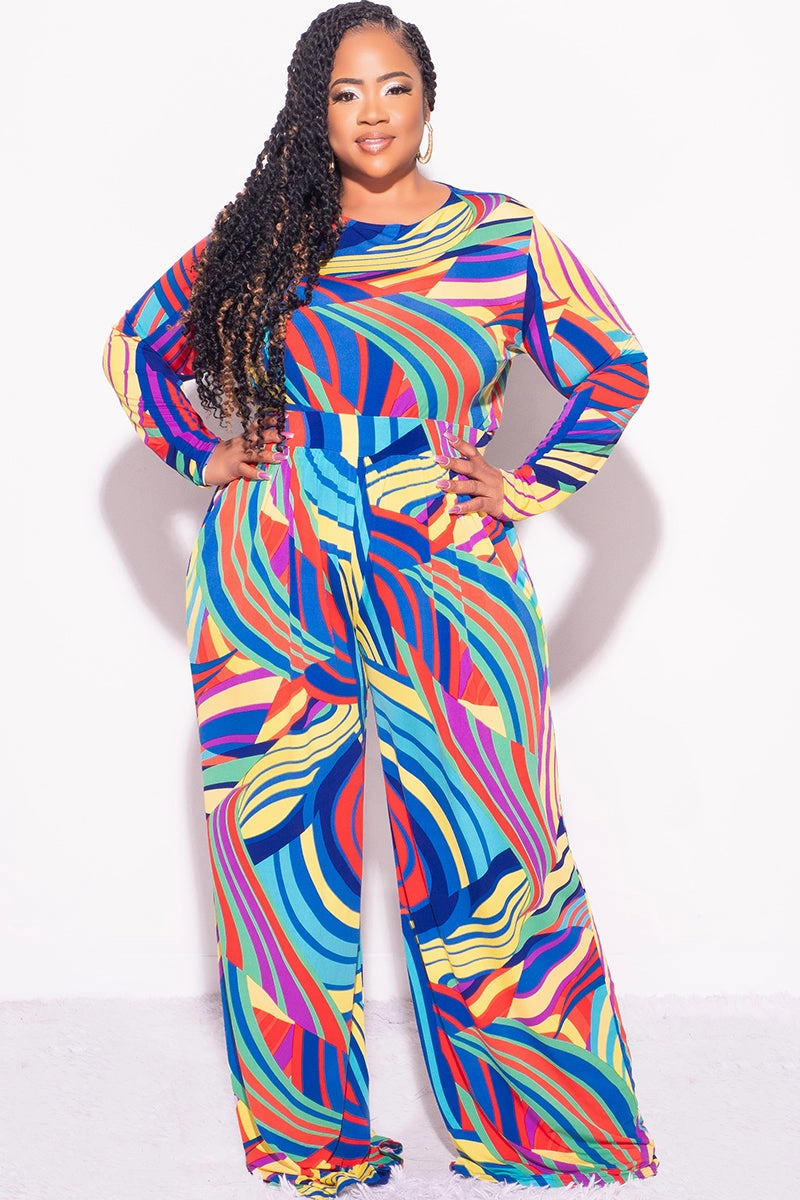 Final Sale Plus Size 2pc Crop Top and Palazzo Pants Set in Multi Color Print Airy Feel