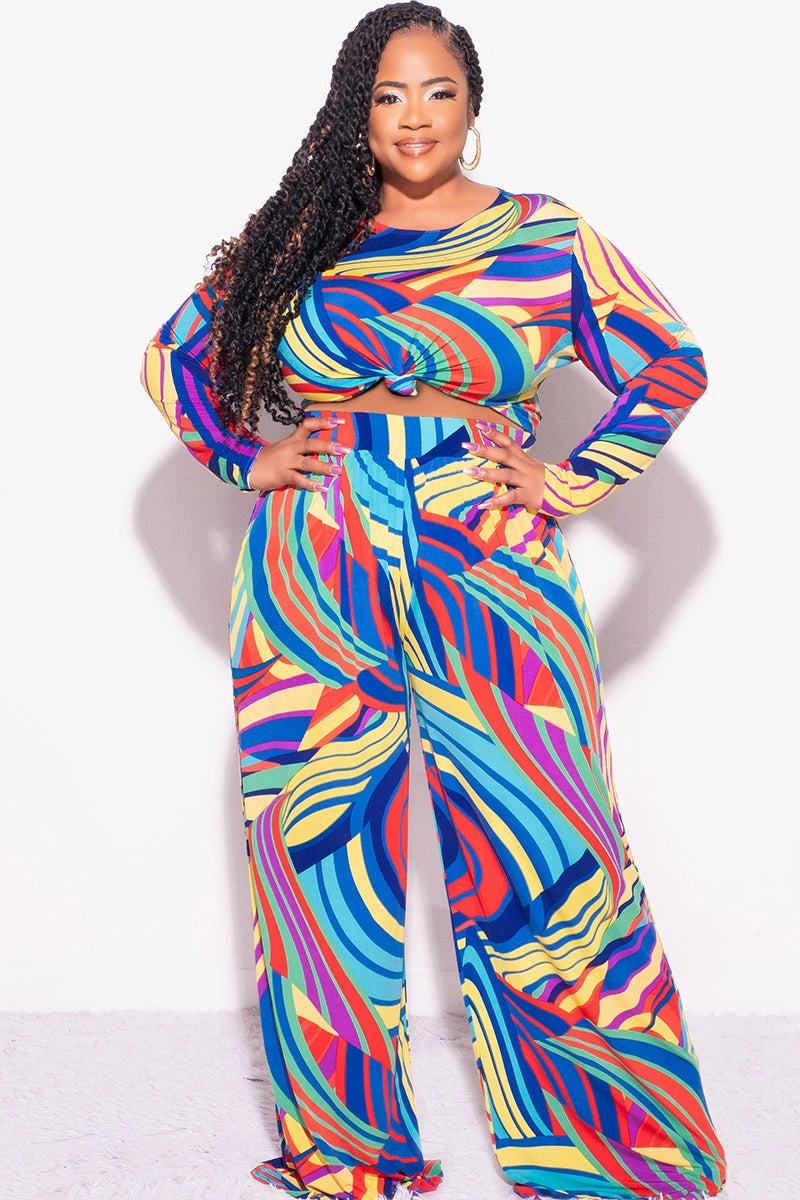 RecyclablePackaging FlexibleMobility Final Sale Plus Size 2pc Crop Top and Palazzo Pants Set in Multi Color Print