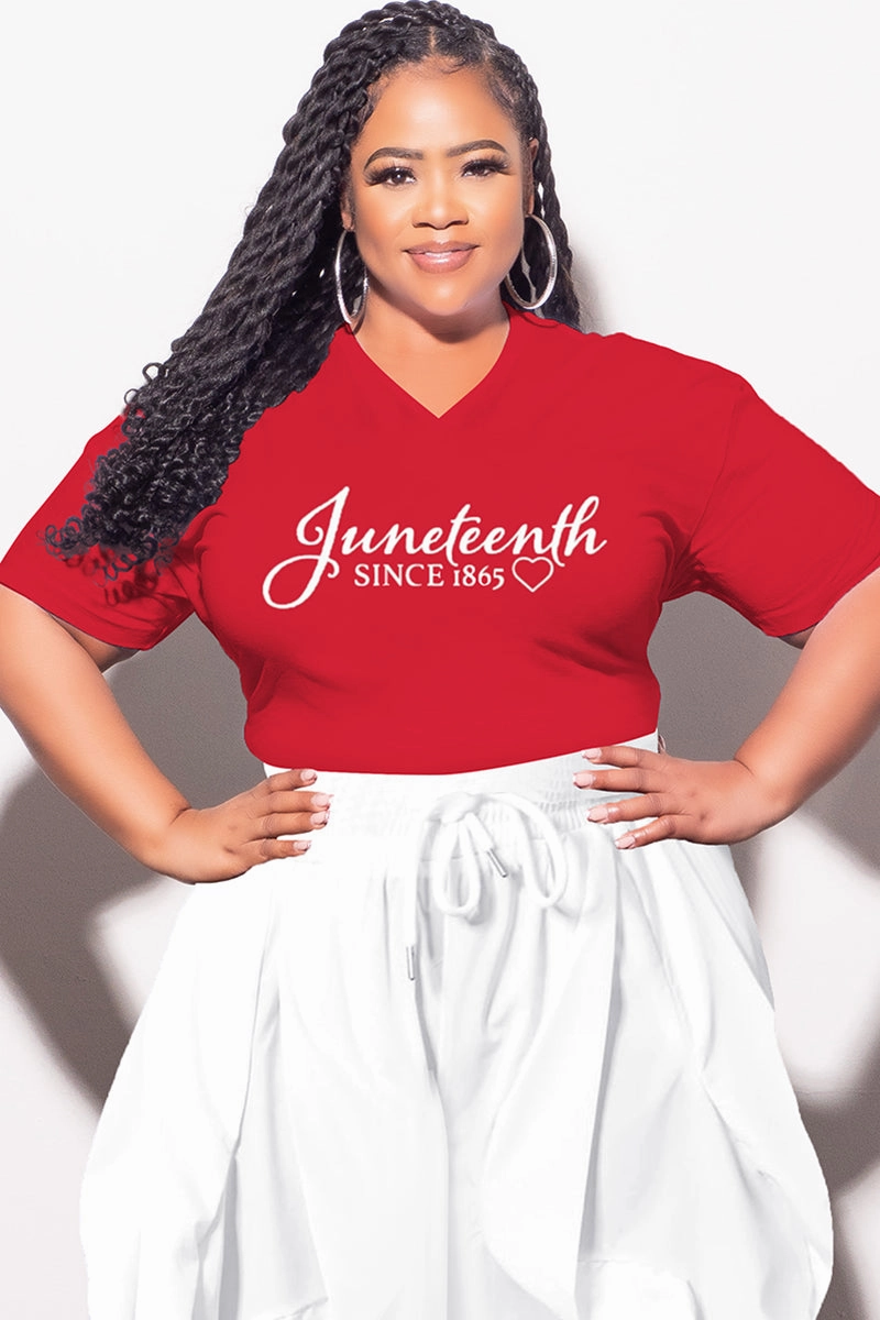Final Sale Plus Size Oversized Unisex V-Neck Red T-Shirt Juneteenth since 1865 Gripper Waistband