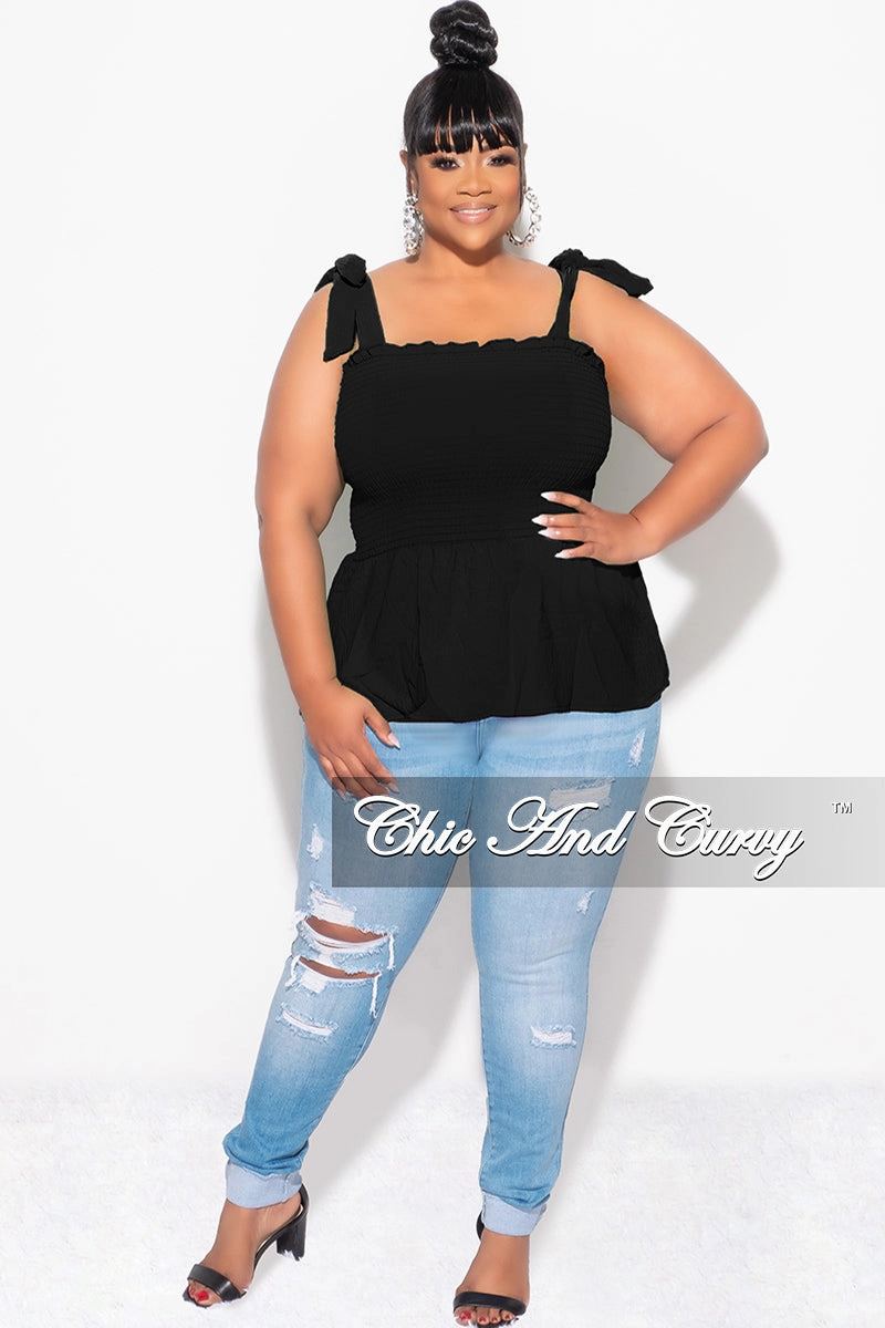 Final Sale Plus Size Smocked Peplum Tank Top in Black Reinforced Stress Points Movement Flex
