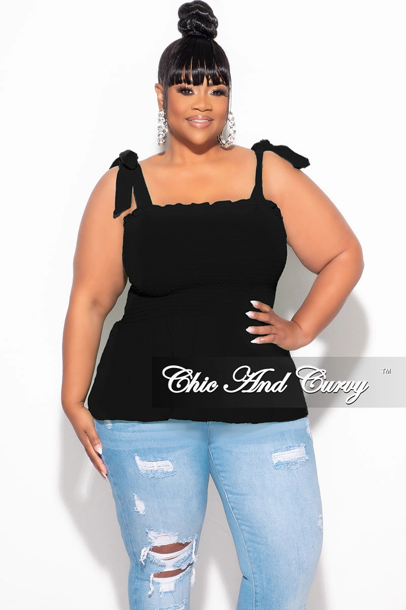 Final Sale Plus Size Smocked Peplum Tank Top in Black Quick Flex AntiPillingFabric