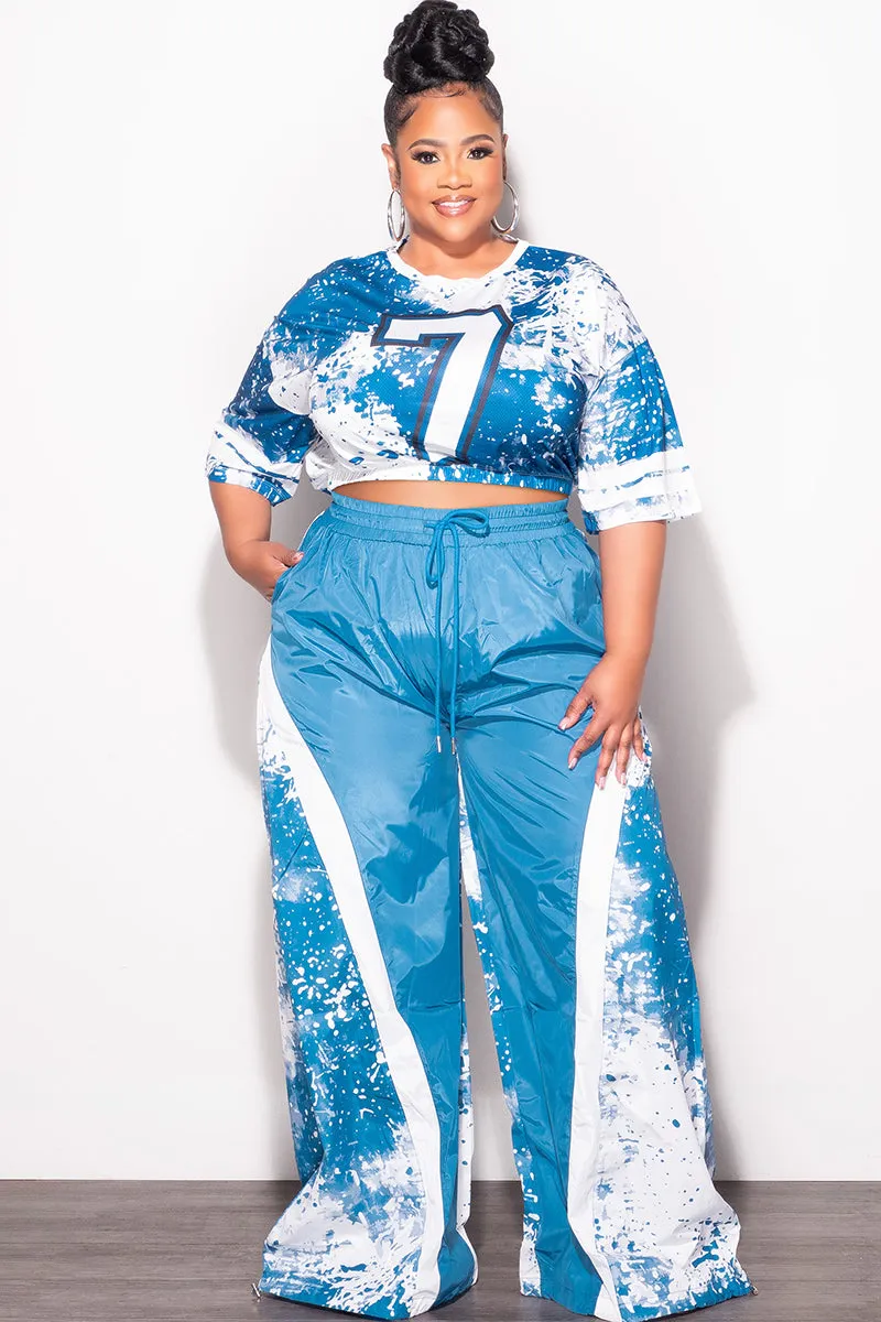 Final Sale Plus Size 2pc Jersey Crop Top  and Oversized Windbreaker Wide Leg Pants in  Blue and White Non Binding Cuffs Smart Style