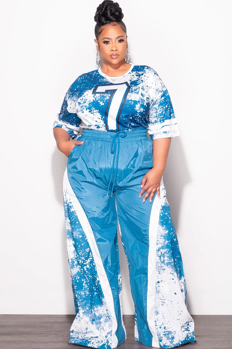 Final Sale Plus Size 2pc Jersey Crop Top  and Oversized Windbreaker Wide Leg Pants in  Blue and White Back pockets Relaxed Vibe