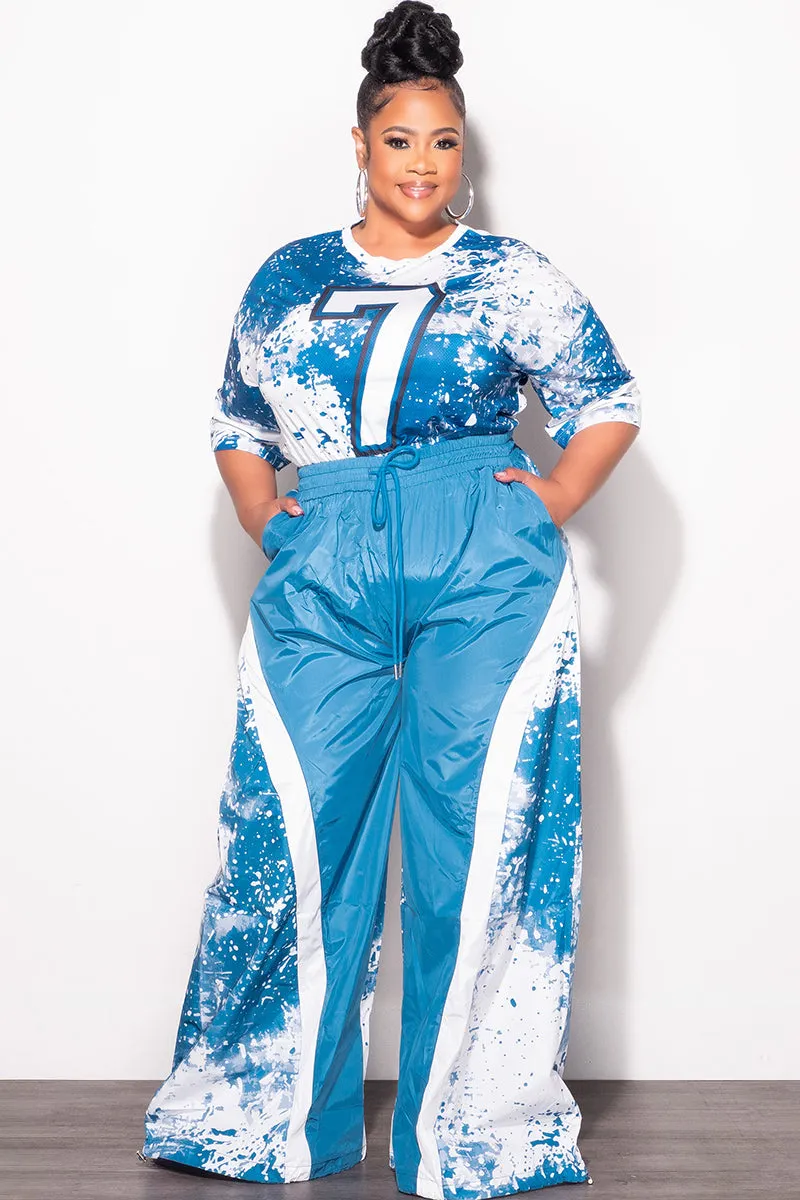 Final Sale Plus Size 2pc Jersey Crop Top  and Oversized Windbreaker Wide Leg Pants in  Blue and White Low Rise Fit Comfort Cushioning