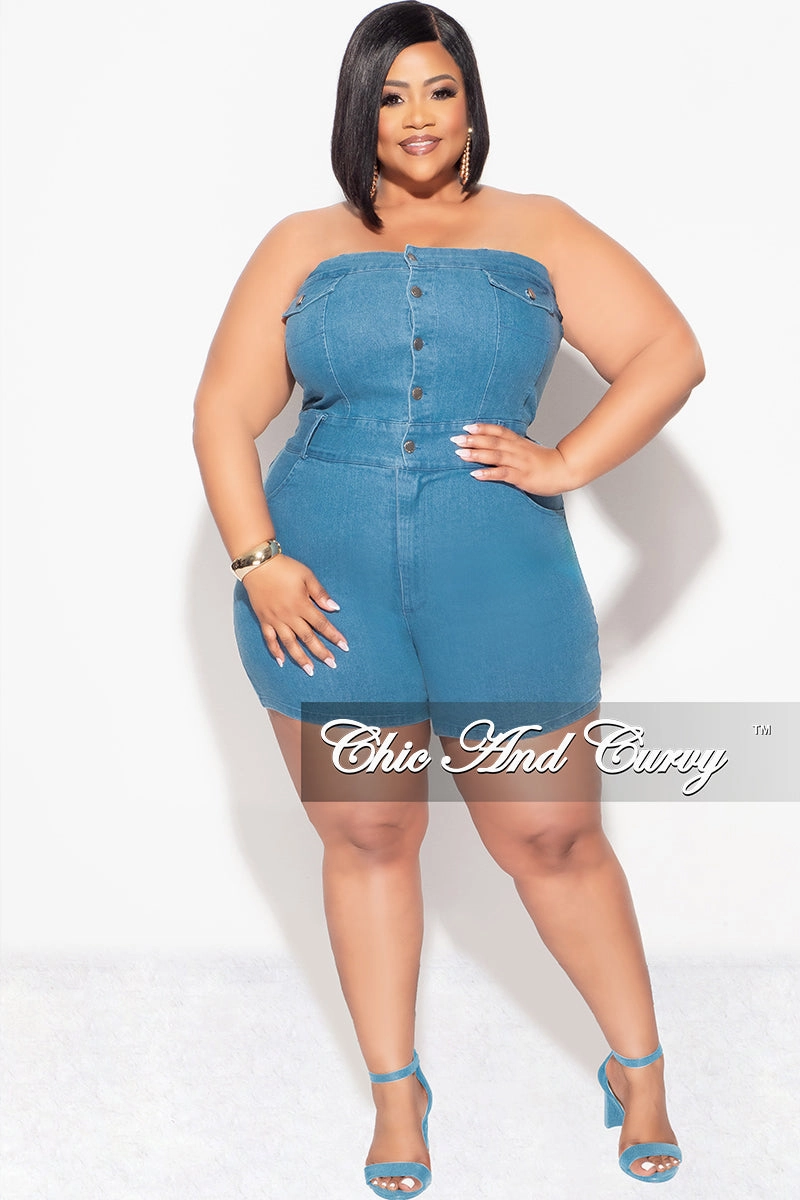 Final Sale Plus Size Strapless Button Up Romper in Denim Casual Style AbrasionGuardTape