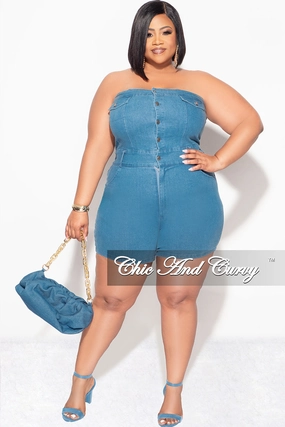 Final Sale Plus Size Strapless Button Up Romper in Denim Durable Hem