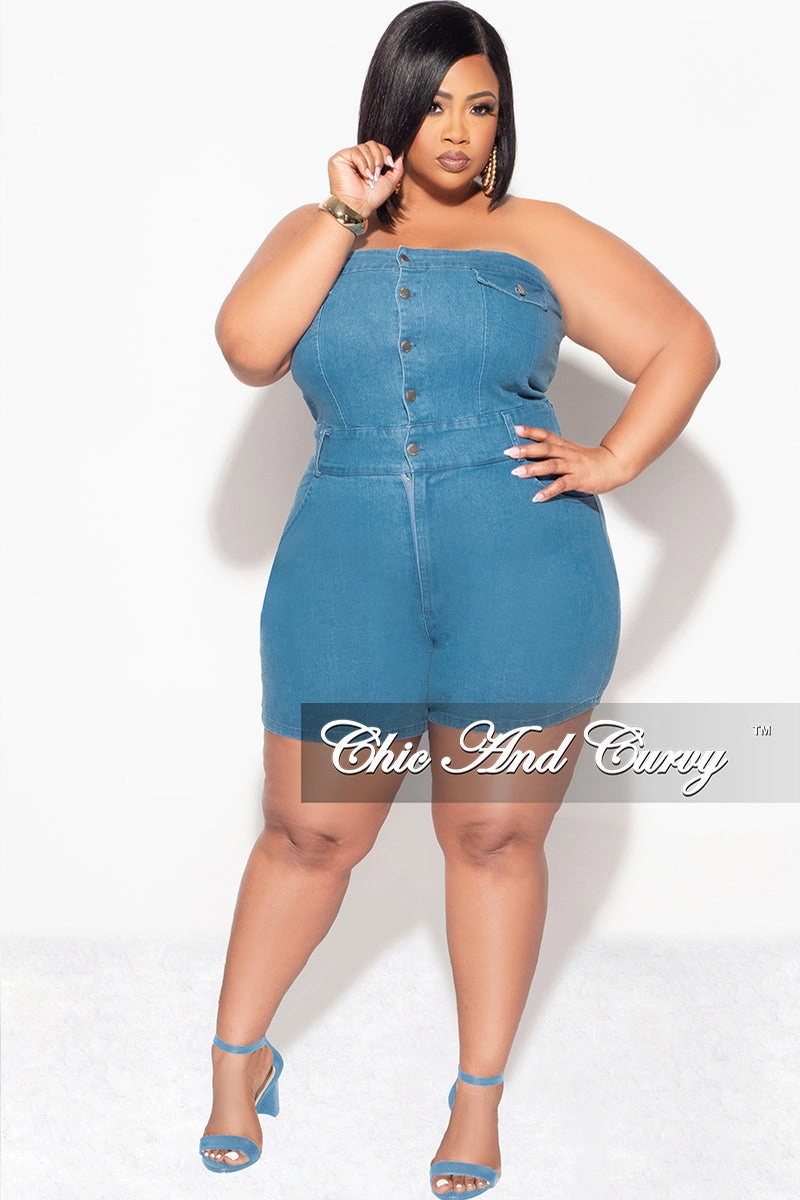 Skinny Fit Outdoor Comfort Fit Final Sale Plus Size Strapless Button Up Romper in Denim