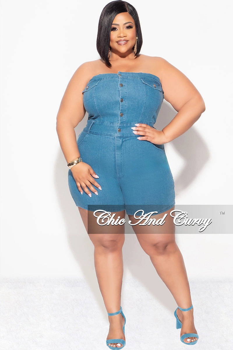 Final Sale Plus Size Strapless Button Up Romper in Denim Comfort Focused Sleek and Soft