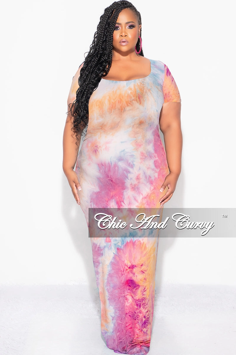 Final Sale Plus Size Short Sleeve Deep Scoop Neck Maxi Dress in Rainbow Sherbet Tie Dye BreathableMaterial Sleek Appearance