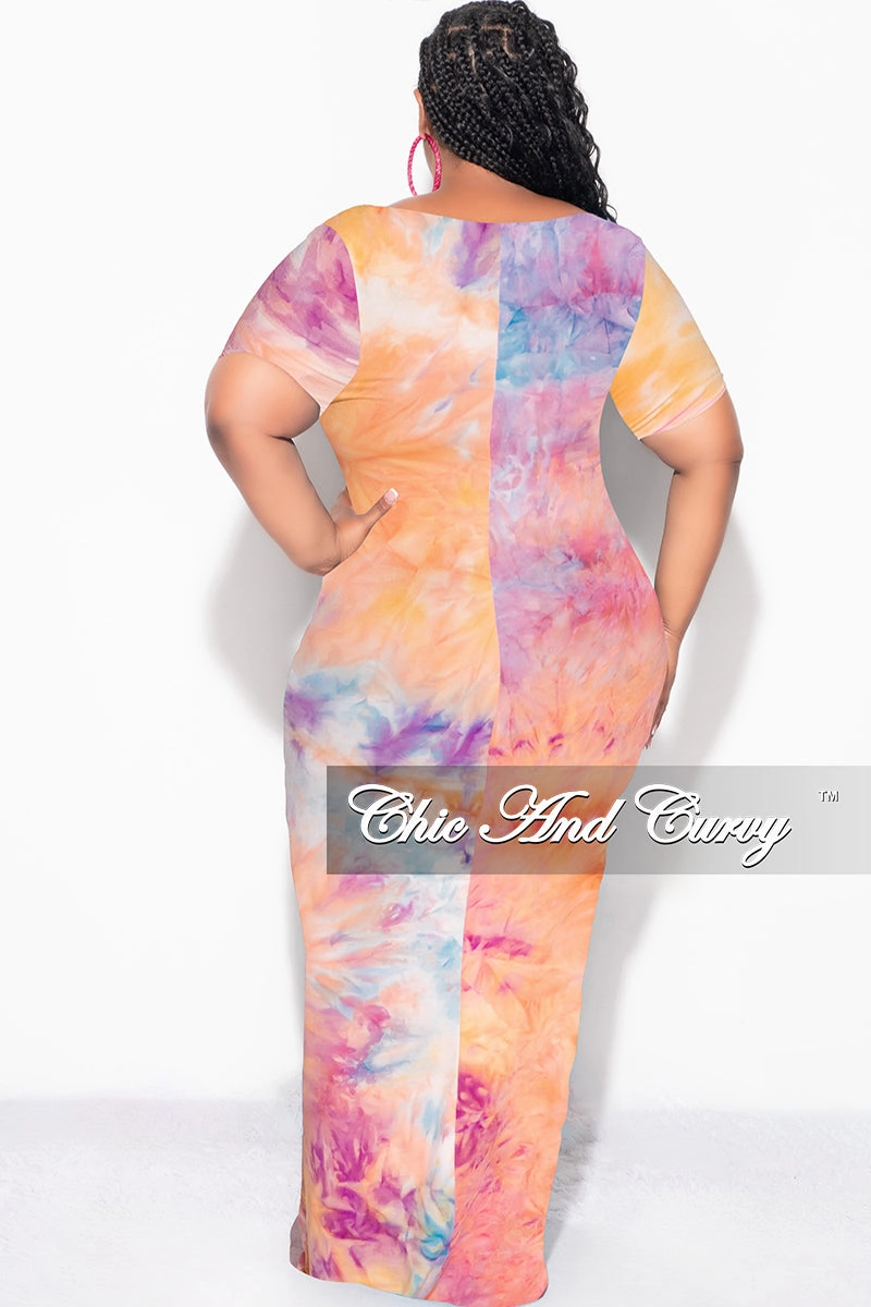 Final Sale Plus Size Short Sleeve Deep Scoop Neck Maxi Dress in Rainbow Sherbet Tie Dye Comfortable fit