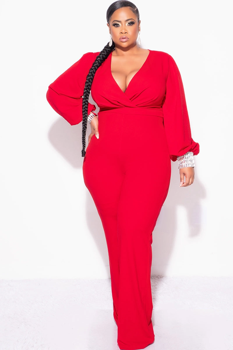 Minimalist fashion Final Sale Plus Size Faux Wrap Collar Jumpsuit with Sheer Sleeves and Rhinestone Cuffs in Red