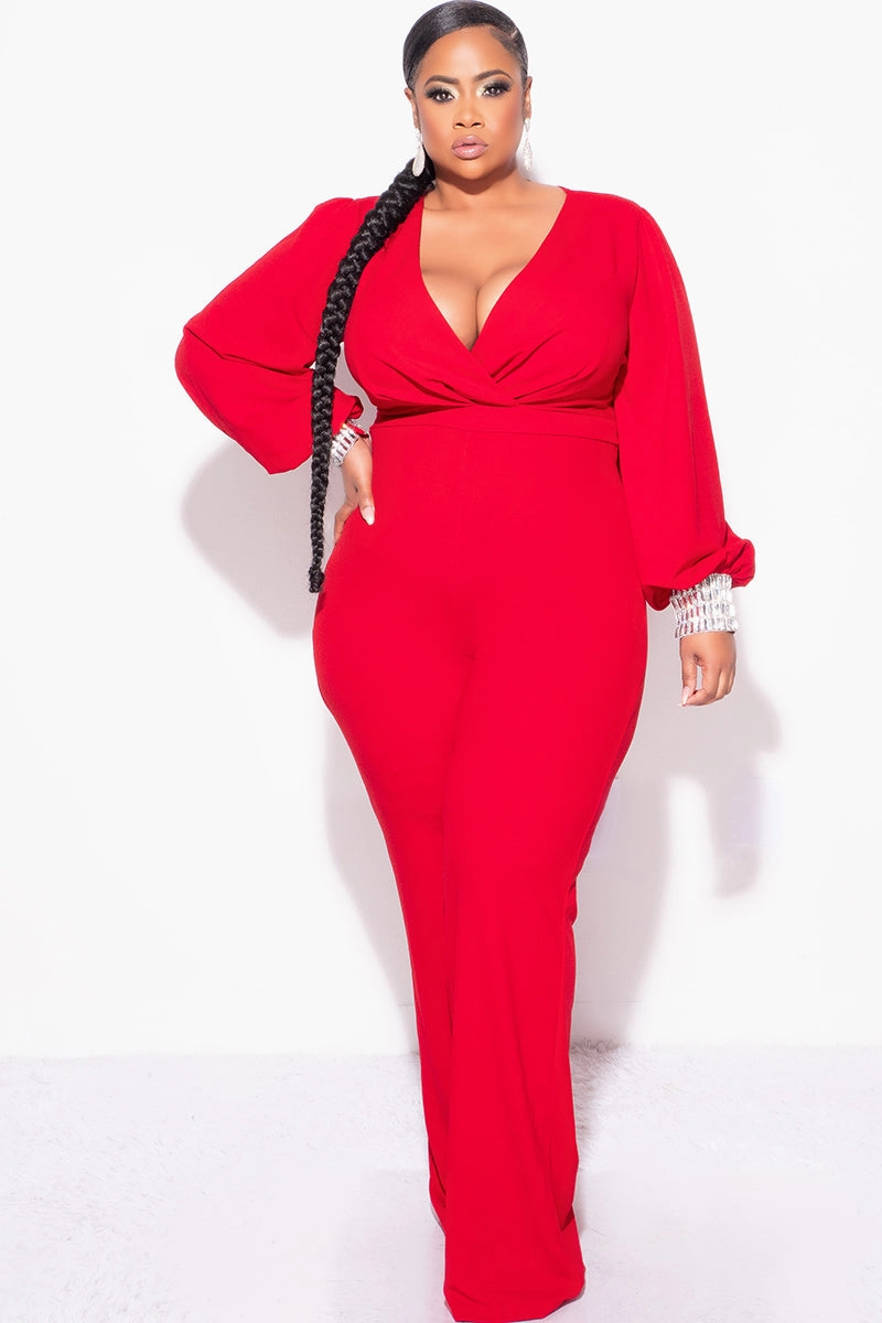 Lightweight Thermal Final Sale Plus Size Faux Wrap Collar Jumpsuit with Sheer Sleeves and Rhinestone Cuffs in Red