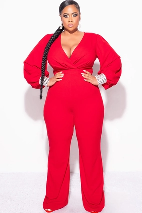 Final Sale Plus Size Faux Wrap Collar Jumpsuit with Sheer Sleeves and Rhinestone Cuffs in Red Trendy Sweater ribbed texture