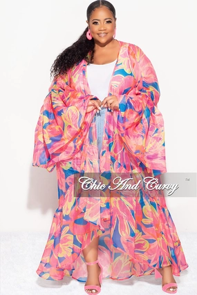 Flattering Style Final Sale Plus Size Ruffle Sleeve Kimono Duster in Pink and Royal Blue