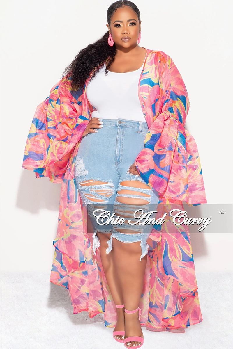Final Sale Plus Size Ruffle Sleeve Kimono Duster in Pink and Royal Blue Mid-rise fit