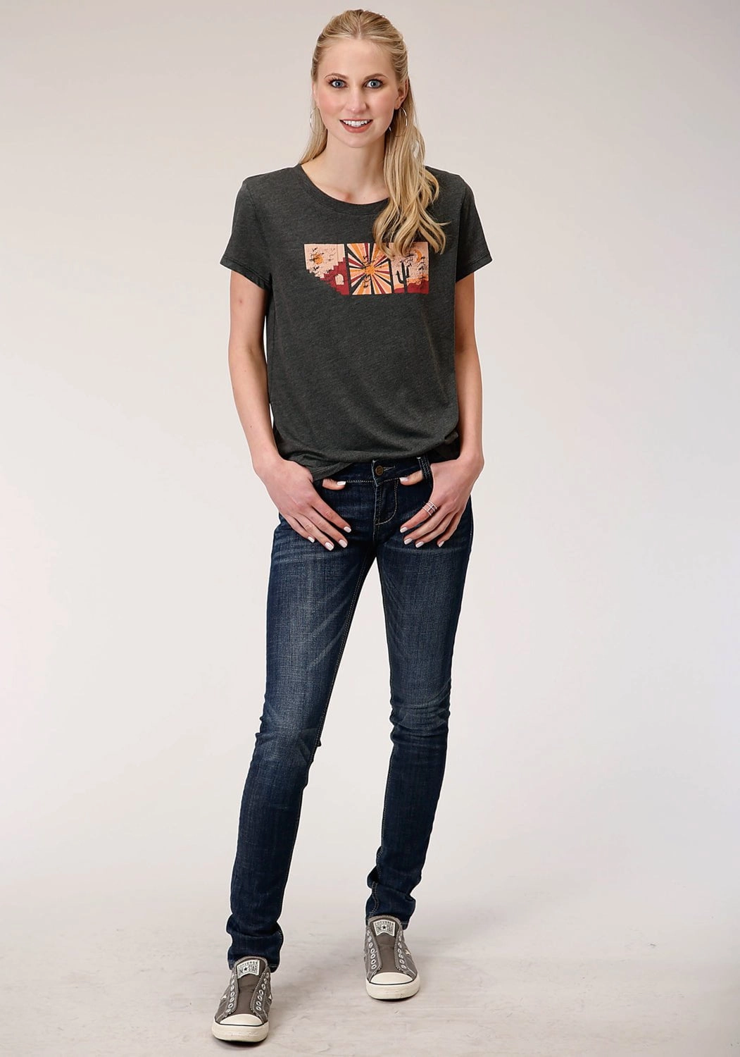 Roper Womens Grey Poly/Rayon Southwestern Scene S/S T-Shirt Polka Dot