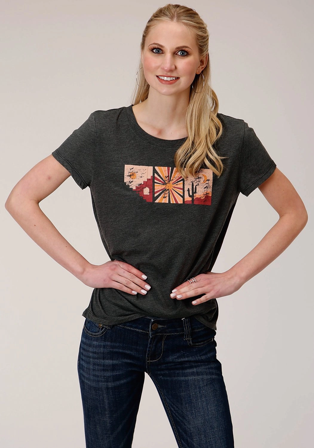 Vibrant Colors Roper Womens Grey Poly/Rayon Southwestern Scene S/S T-Shirt