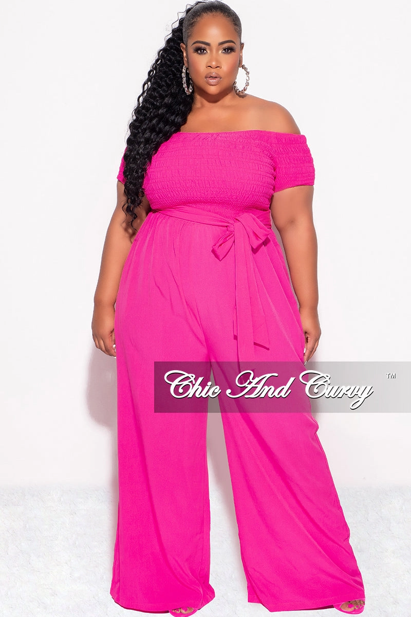 Final Sale Plus Size Short Sleeve Frill Jumpsuit with Attached Tie in Fuchsia Utility Ready ReinforcedPockets