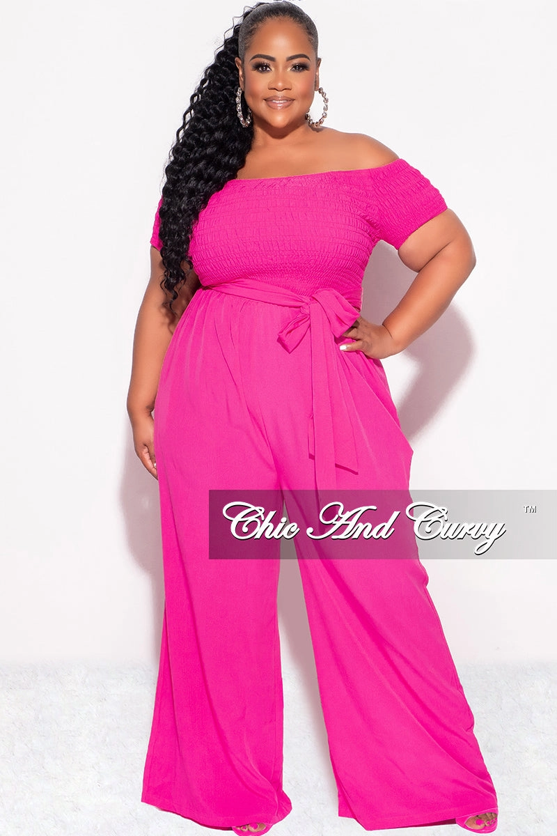 Final Sale Plus Size Short Sleeve Frill Jumpsuit with Attached Tie in Fuchsia Low Bulk Design Twill Weave Texture