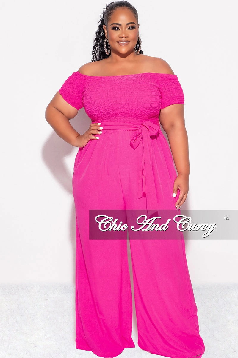 StainResistantFinish Final Sale Plus Size Short Sleeve Frill Jumpsuit with Attached Tie in Fuchsia