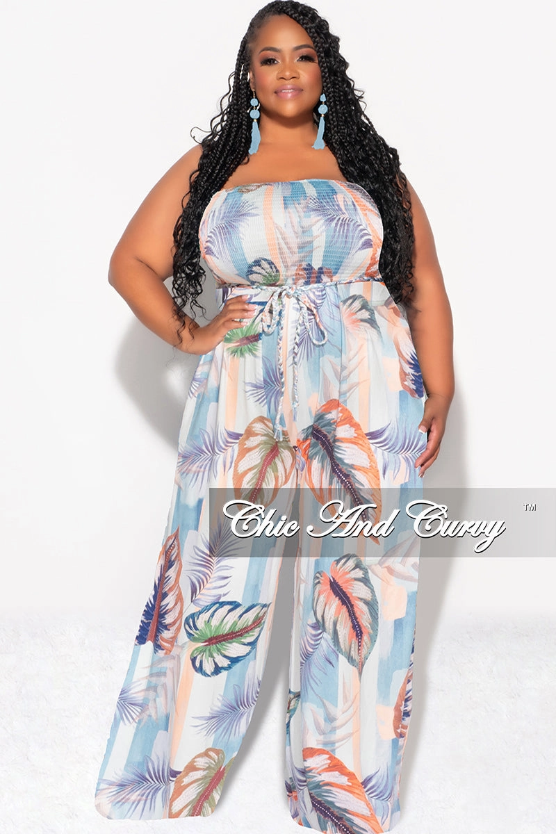 Hygienic Coating Final Sale Plus Size Strapless Jumpsuit with Tie in Blue Multi Color Striped Leaf Print