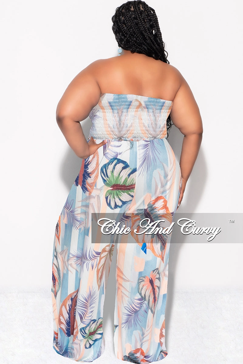 Final Sale Plus Size Strapless Jumpsuit with Tie in Blue Multi Color Striped Leaf Print RecyclablePackaging Move Easy
