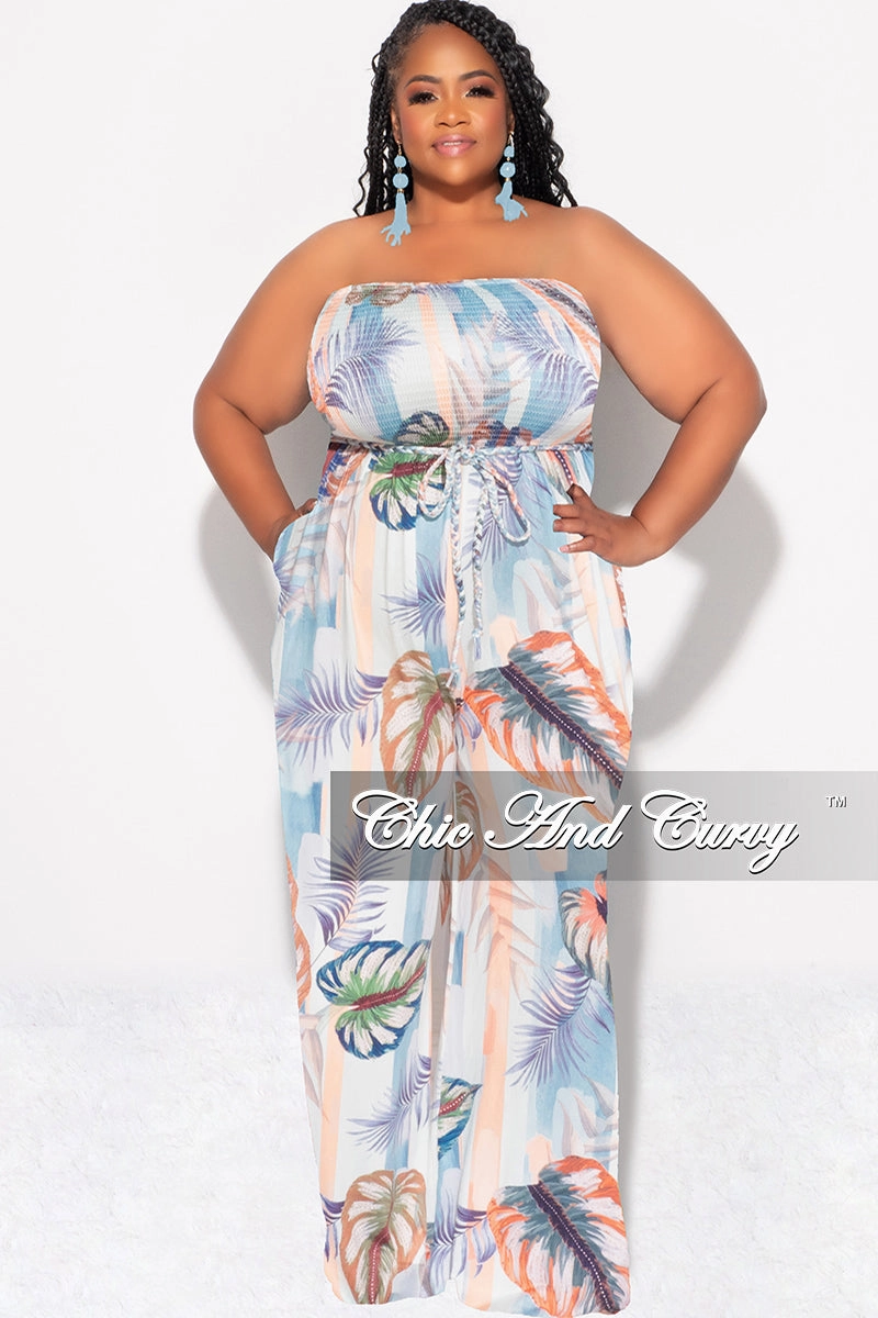 Final Sale Plus Size Strapless Jumpsuit with Tie in Blue Multi Color Striped Leaf Print Light Wear Fit Reinforced Stitching