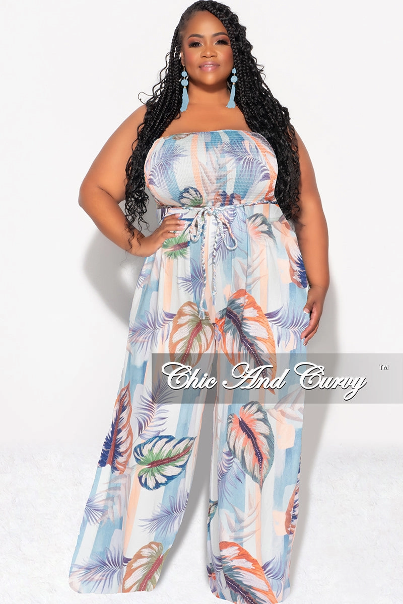 Non Irritating Final Sale Plus Size Strapless Jumpsuit with Tie in Blue Multi Color Striped Leaf Print