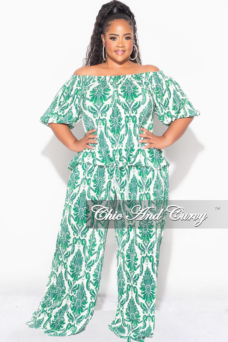 Final Sale Plus Size Off the Shoulder Pleated Tie Top and Palazzo Pants Set in Green and White AntiSnagZippers Back pockets