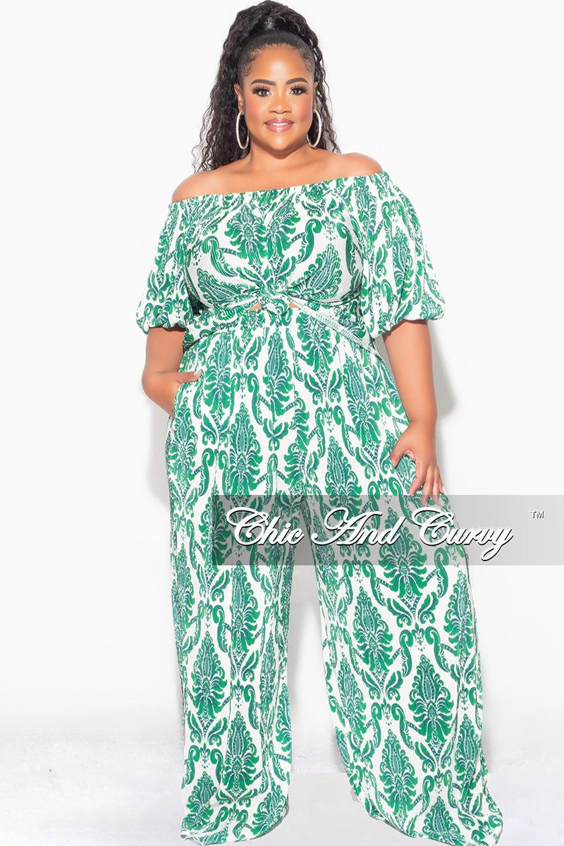 All Day Use Final Sale Plus Size Off the Shoulder Pleated Tie Top and Palazzo Pants Set in Green and White