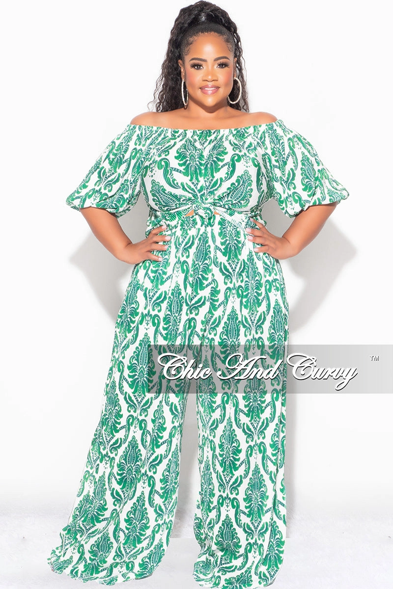 Breathable Design Final Sale Plus Size Off the Shoulder Pleated Tie Top and Palazzo Pants Set in Green and White