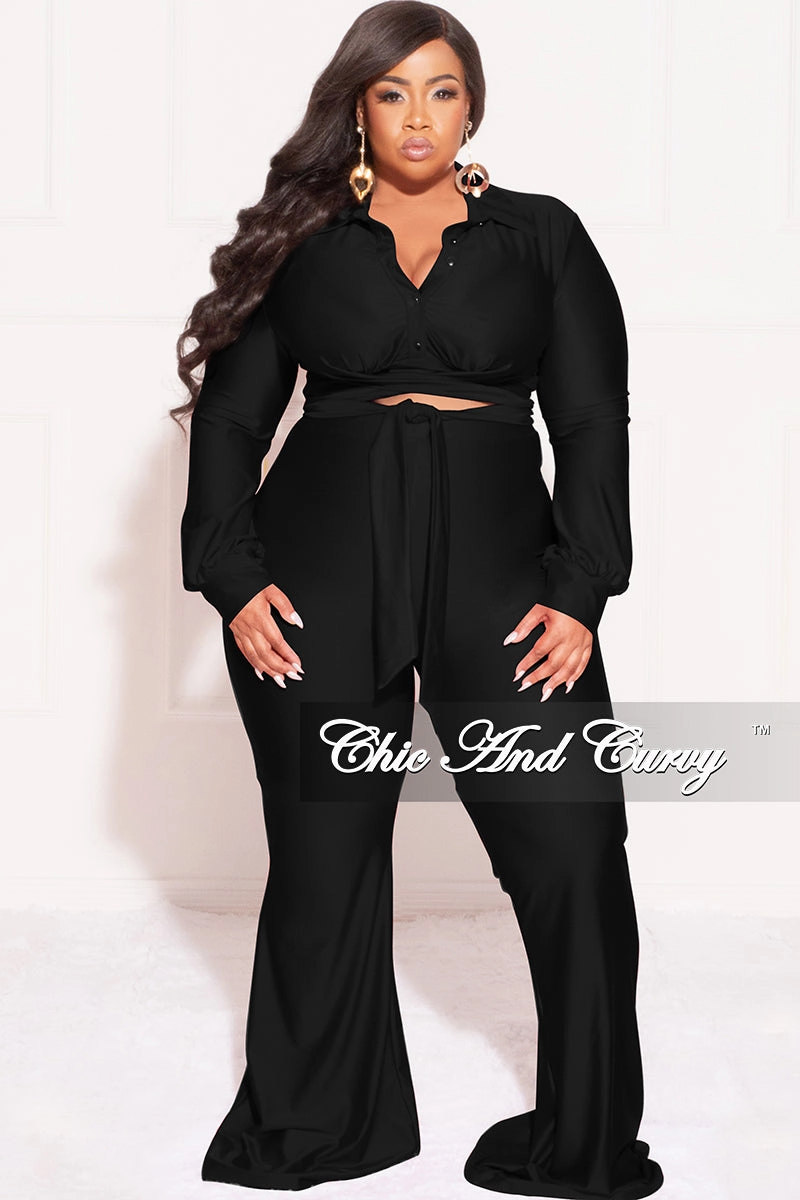 Comfortable Fabric Ultra Soft Final Sale Plus Size Shiny 2pc Collar Button Up Crop Tie Top and Bell Bottom Pants Set in Black