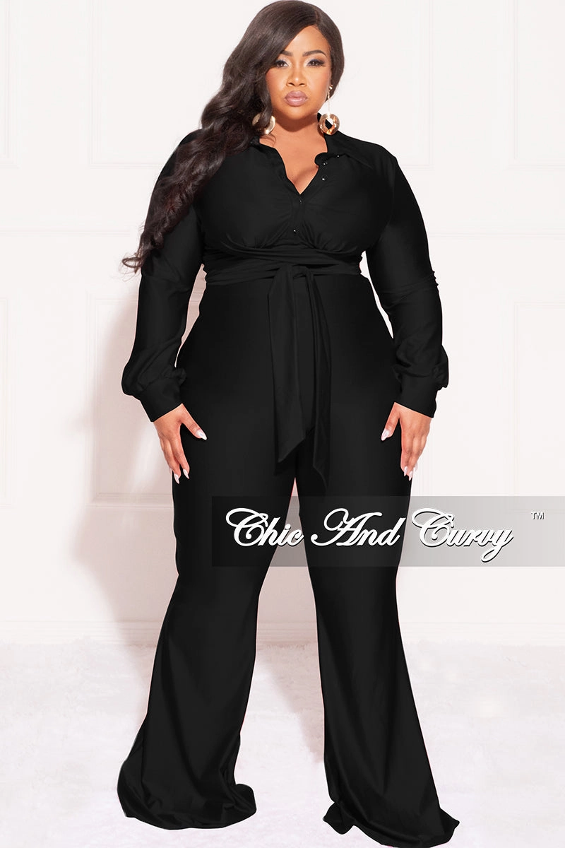 All Season Versatility Stretch Panel Final Sale Plus Size Shiny 2pc Collar Button Up Crop Tie Top and Bell Bottom Pants Set in Black