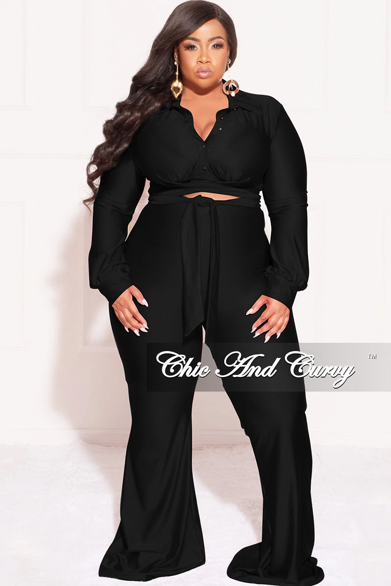 Ripstop Reinforcement Final Sale Plus Size Shiny 2pc Collar Button Up Crop Tie Top and Bell Bottom Pants Set in Black