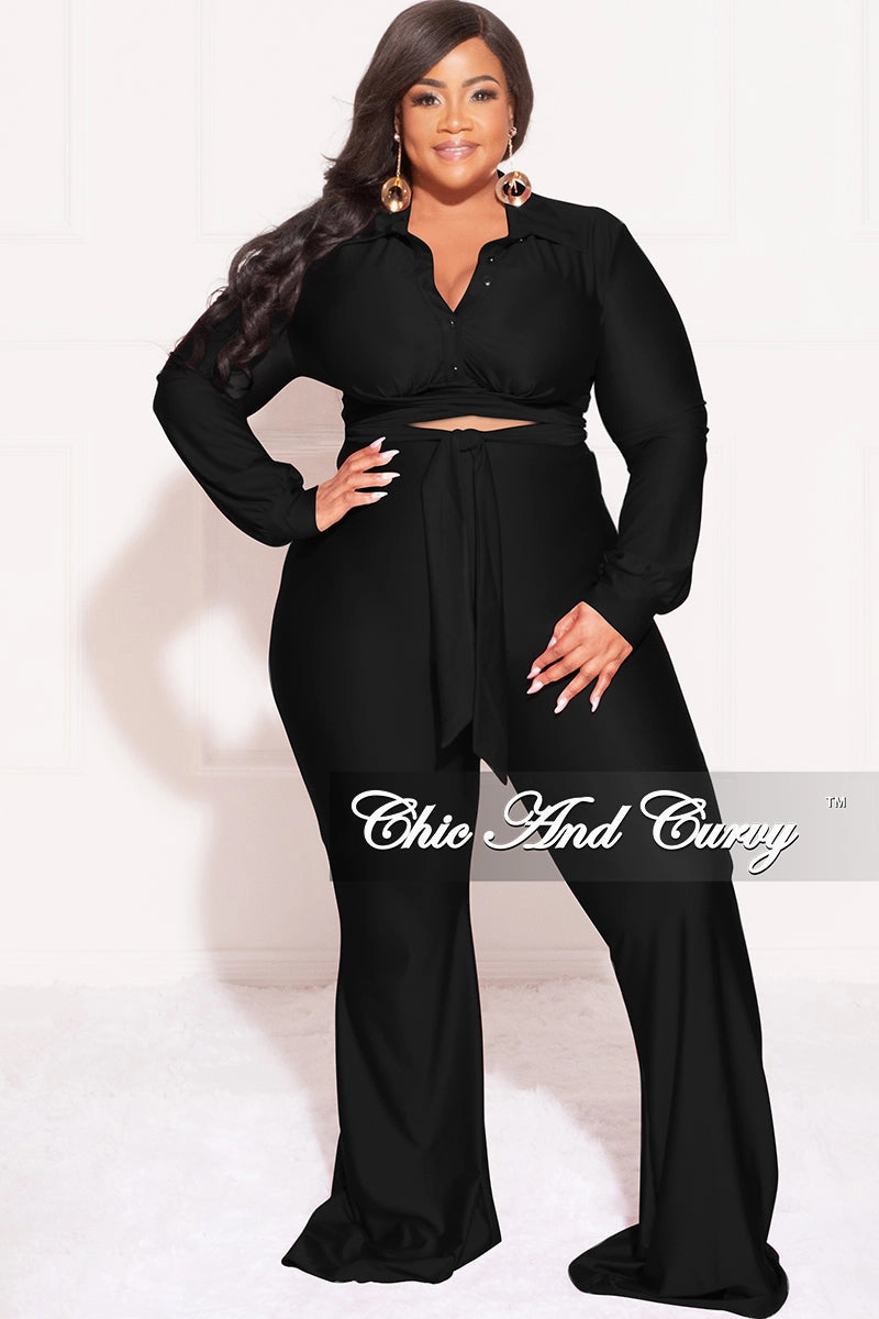 Reinforced Pockets MoistureWickingLining Final Sale Plus Size Shiny 2pc Collar Button Up Crop Tie Top and Bell Bottom Pants Set in Black