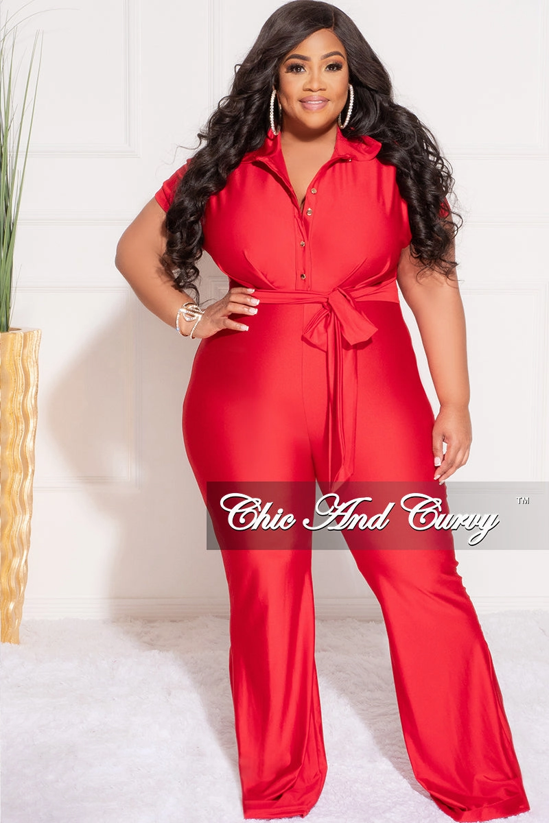 Final Sale Plus Size Shiny Collar Button Up Stretchy Jumpsuit in Red Moisture Wicking Fabric Classic Cut