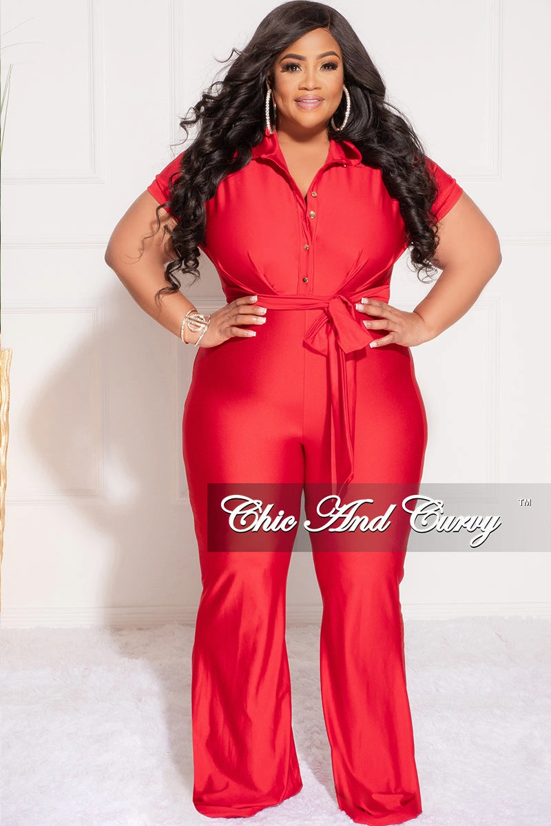Final Sale Plus Size Shiny Collar Button Up Stretchy Jumpsuit in Red Breathable layers