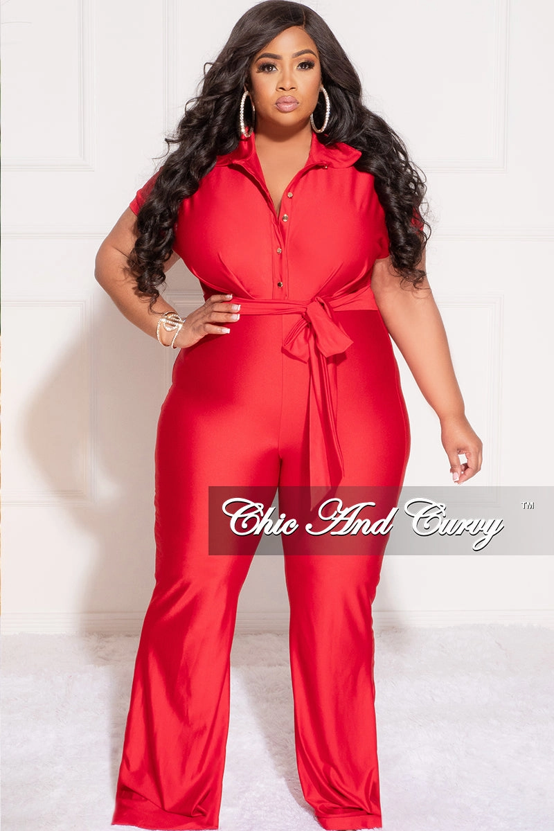 Final Sale Plus Size Shiny Collar Button Up Stretchy Jumpsuit in Red Casual Style
