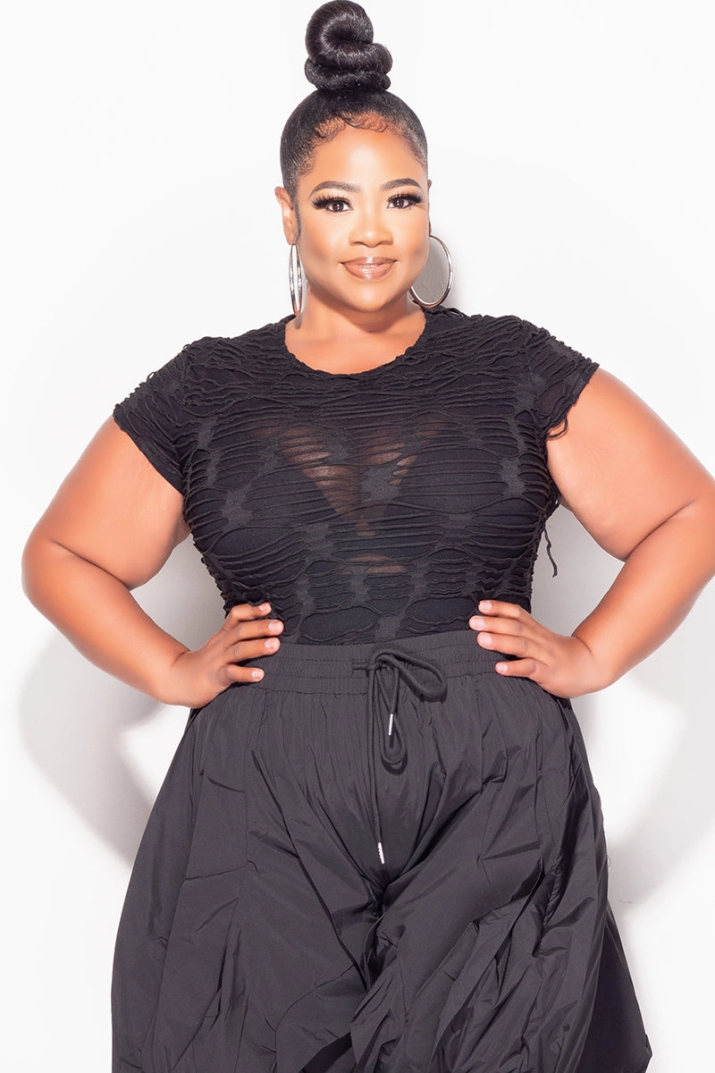 Final Sale Plus Size Short Sleeve Mesh See-Thru Textured Bodysuit in Black Everyday Must-have