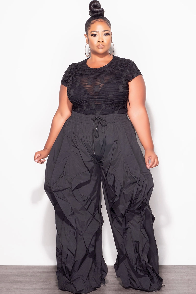 Final Sale Plus Size Short Sleeve Mesh See-Thru Textured Bodysuit in Black Relaxed Style Effortless Look