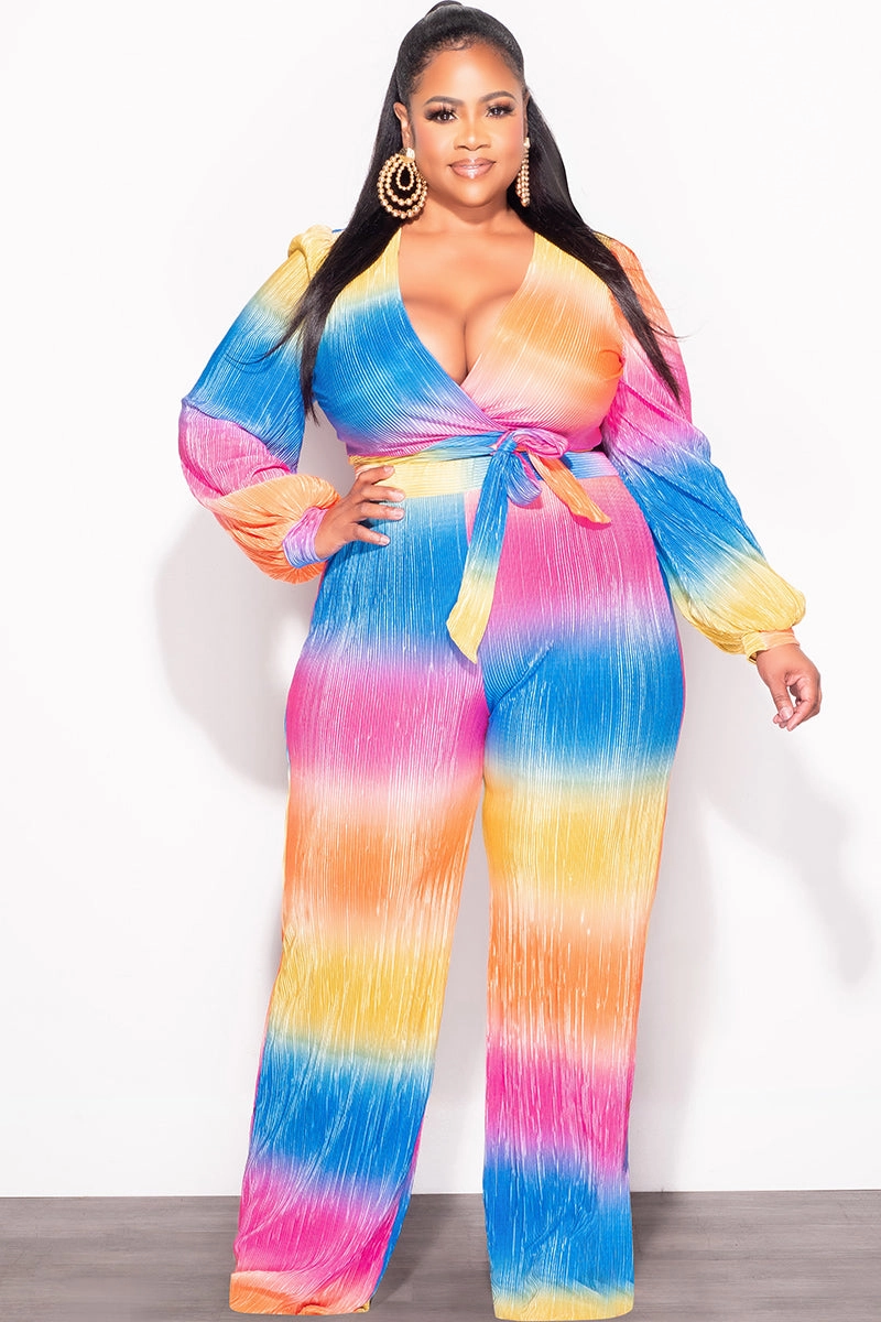 Classic Cut Weekend Comfort Final Sale Plus Size 2pc Pleated Faux Wrap Bow Tie Top and Pants Set in Fuchsia Orange and Mustard and Royal Blue