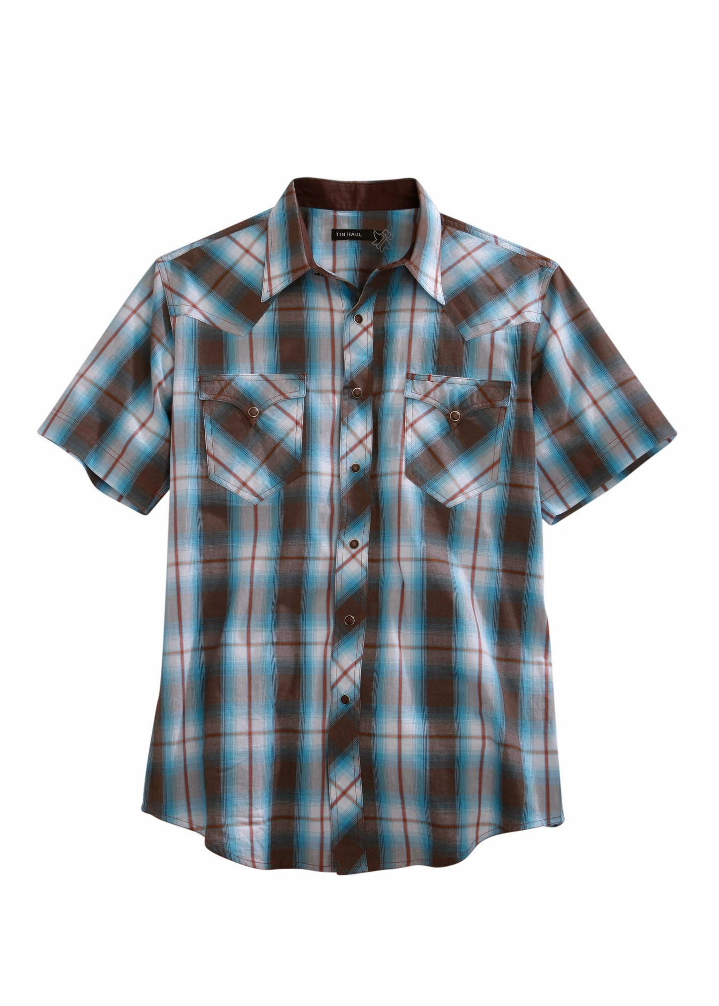 Tin Haul Mens Brown 100% Cotton Turquoise Plaid S/S Shirt Eco-Friendly Choice Petite Option
