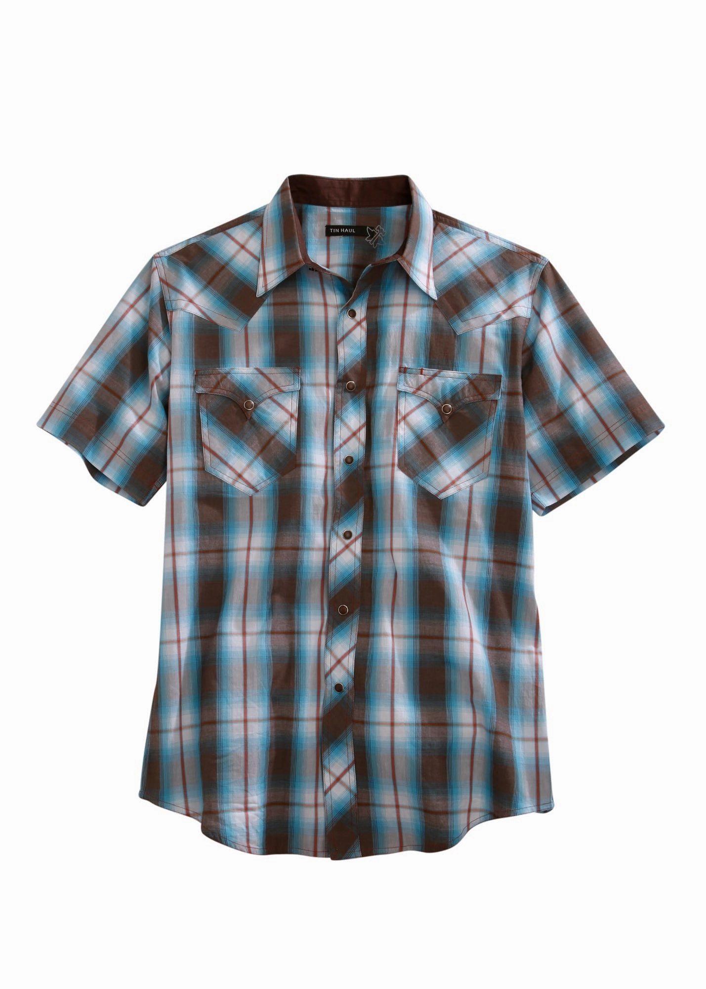 Tin Haul Mens Brown 100% Cotton Turquoise Plaid S/S Shirt Country Charm Summer Fashion