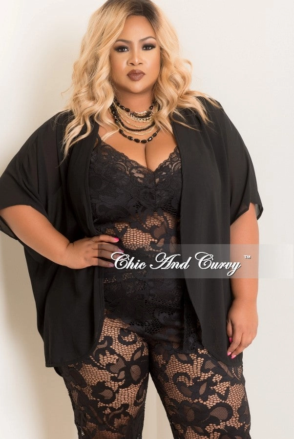 *Final Sale Plus Size Sheer Kimono in Black Reflective Trim Options Anti Cling Finish