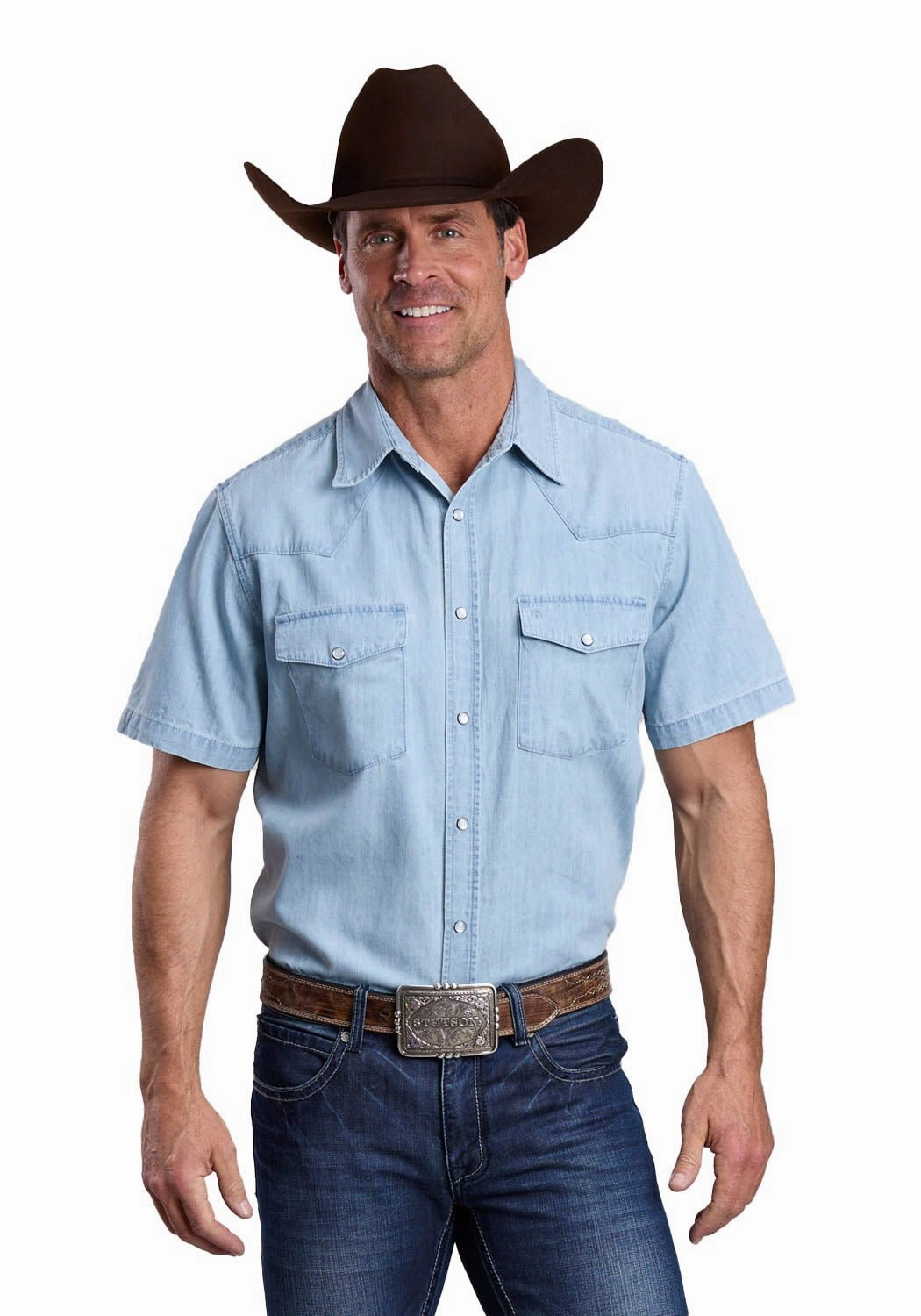 Stetson Mens Lightweight Chambray Blue 100% Cotton S/S Shirt Modern Fit